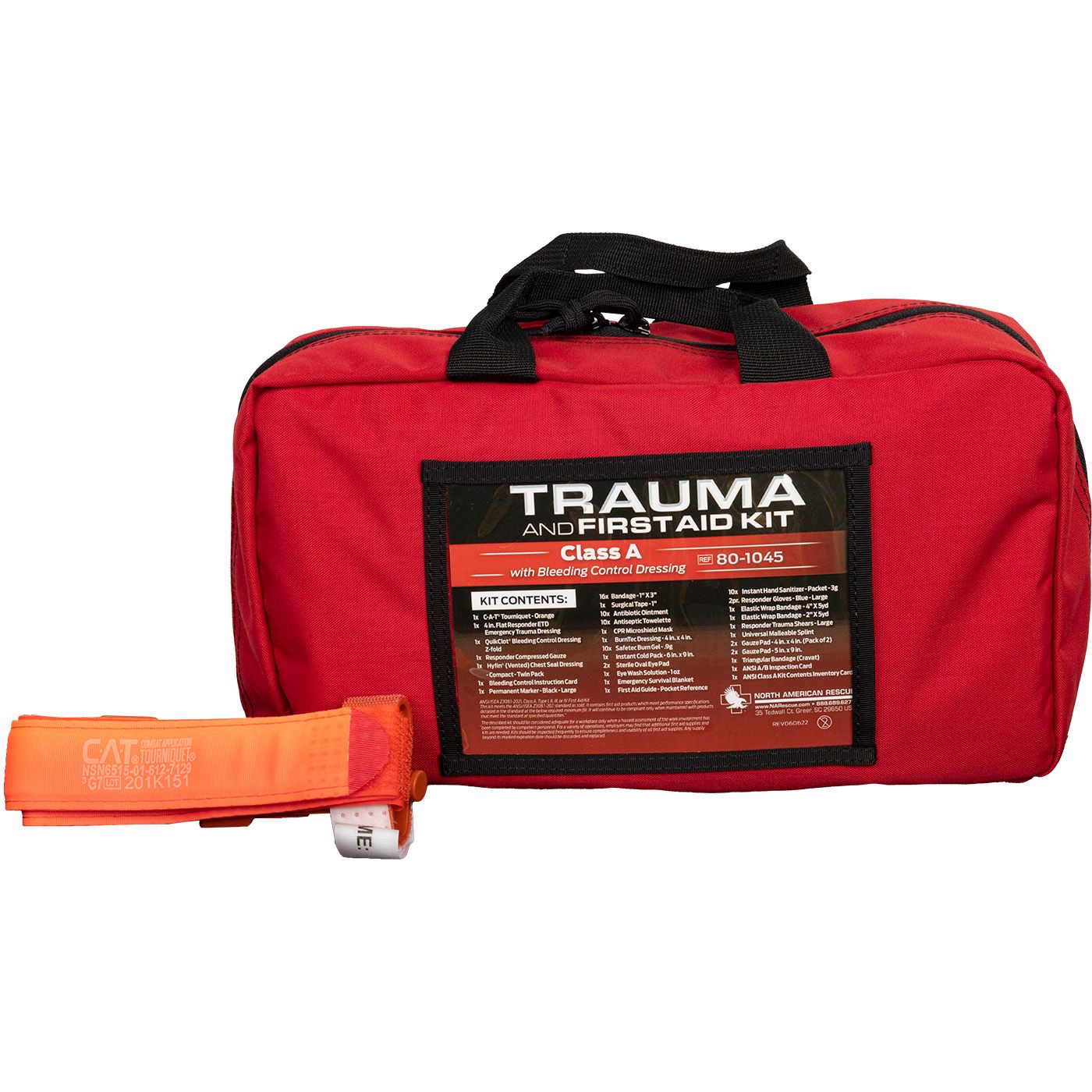 North American Rescue Trauma and First Aid Kit Class A with Bleeding Control Dressing in red carry bag, shown with orange C-A-T tourniquet for major bleeding control and workplace or church safety readiness.