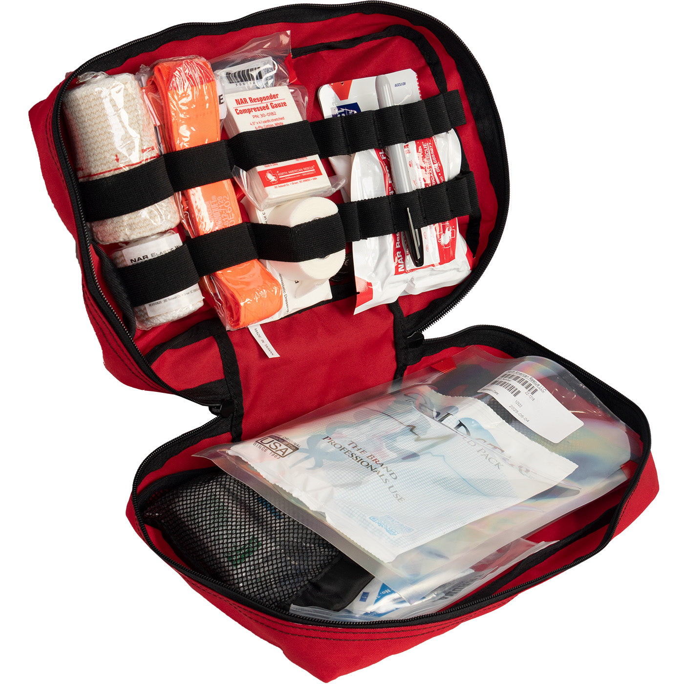 Open red North American Rescue trauma and first aid kit (Class A) showing organized emergency medical supplies including gauze, bandages, tape, and bleeding control components inside zippered case.