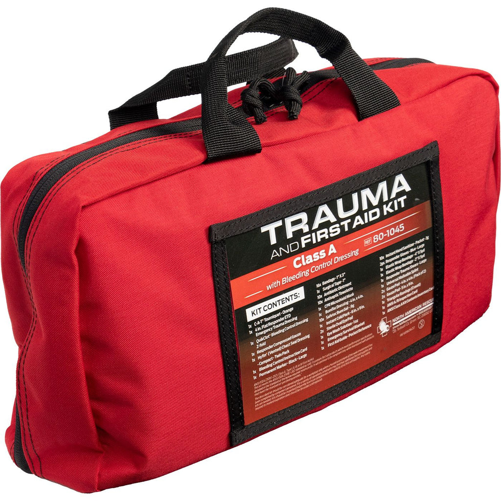 Angled view of North American Rescue Trauma and First Aid Kit Class A with Bleeding Control Dressing in red zippered carry bag with handle, portable emergency first aid and bleeding control kit for church safety teams and workplace readiness.