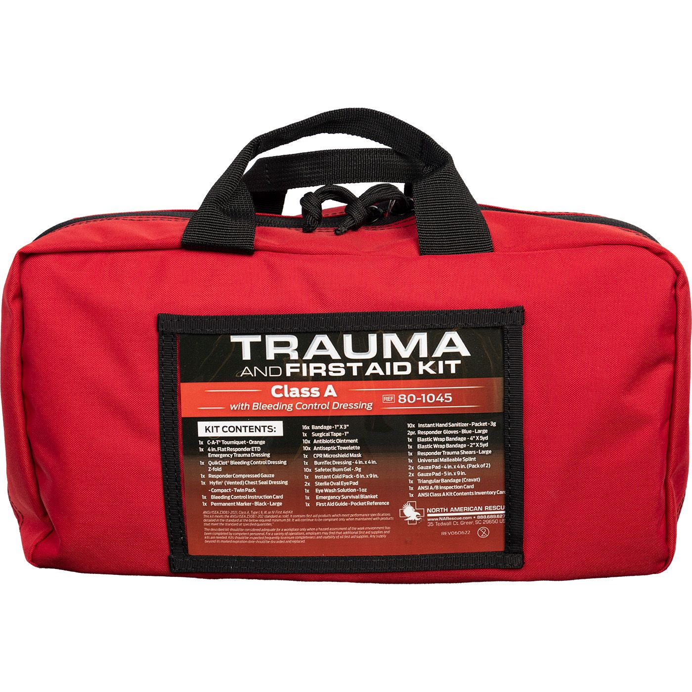 Front view of North American Rescue Trauma and First Aid Kit Class A with Bleeding Control Dressing in red zippered carry bag with handle, portable emergency first aid and bleeding control kit ideal for church safety teams, workplace compliance, and medical response readiness.