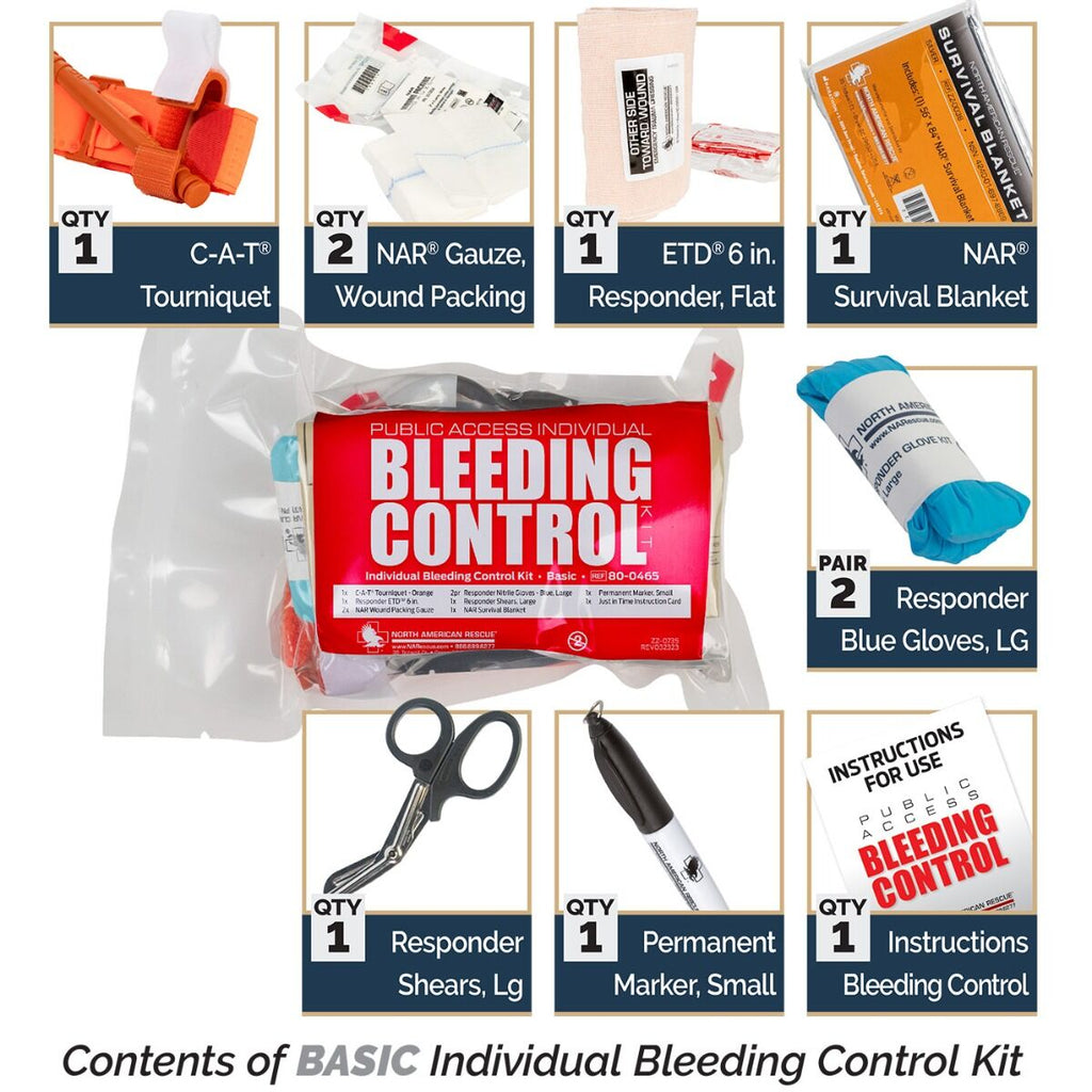Contents of North American Rescue Public Access Individual Bleeding Control Kit Basic vacuum-sealed pouch including C-A-T tourniquet, wound packing gauze, ETD responder trauma dressing, survival blanket, nitrile gloves, trauma shears, permanent marker, and bleeding control instruction card