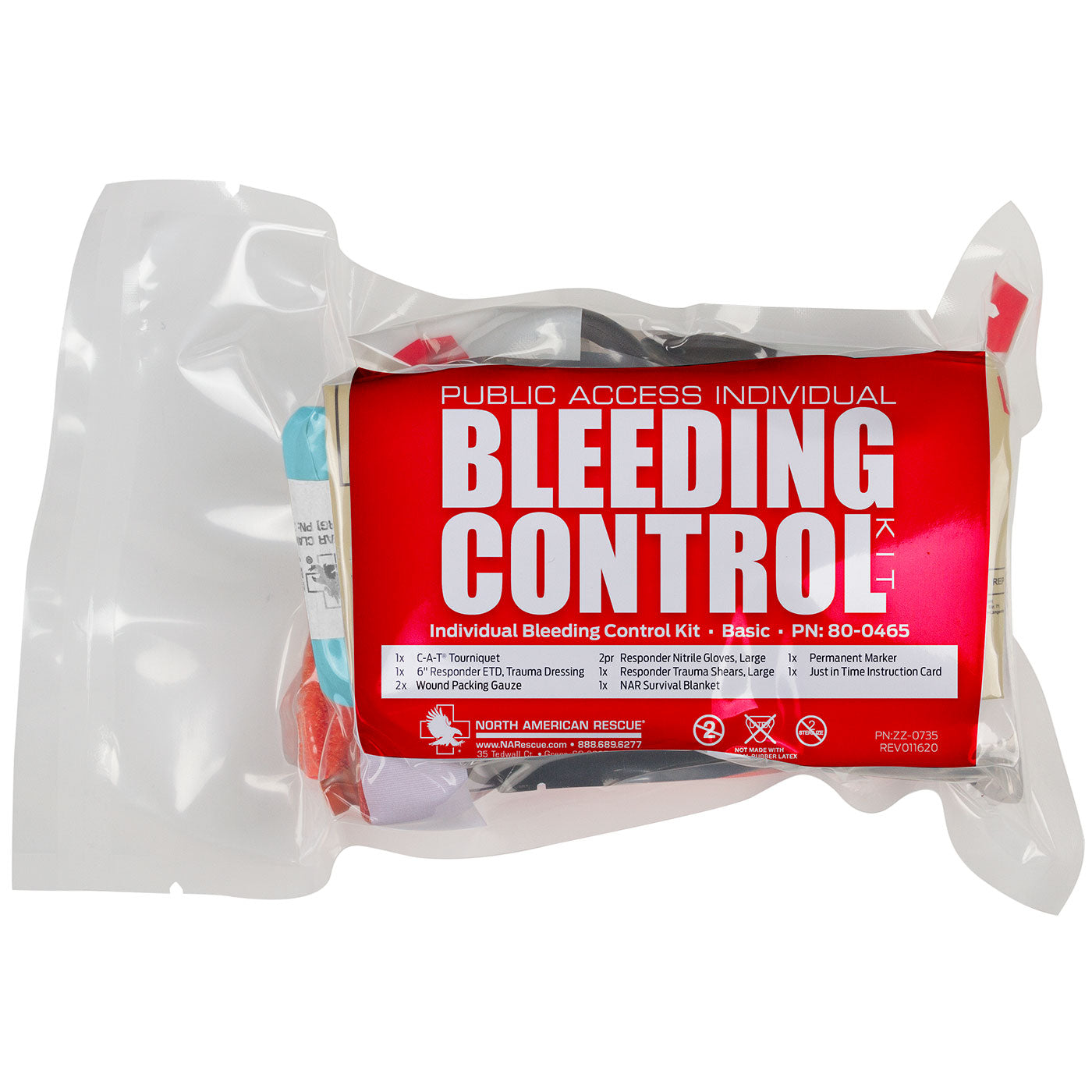 Vacuum-sealed Public Access Individual Bleeding Control Kit Basic by North American Rescue with bleeding control supplies, including tourniquet, gauze, trauma dressing, gloves, shears, and instruction card