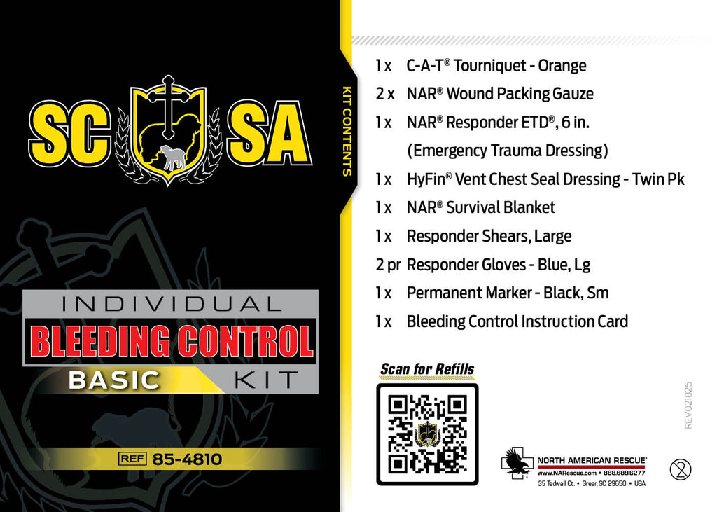 Sheepdog Church Security Academy Individual Bleeding Control Basic Kit contents card listing C-A-T tourniquet, wound packing gauze, NAR responder ETD trauma dressing, HyFin vent chest seal twin pack, survival blanket, trauma shears, responder gloves, permanent marker, and bleeding control instruction card