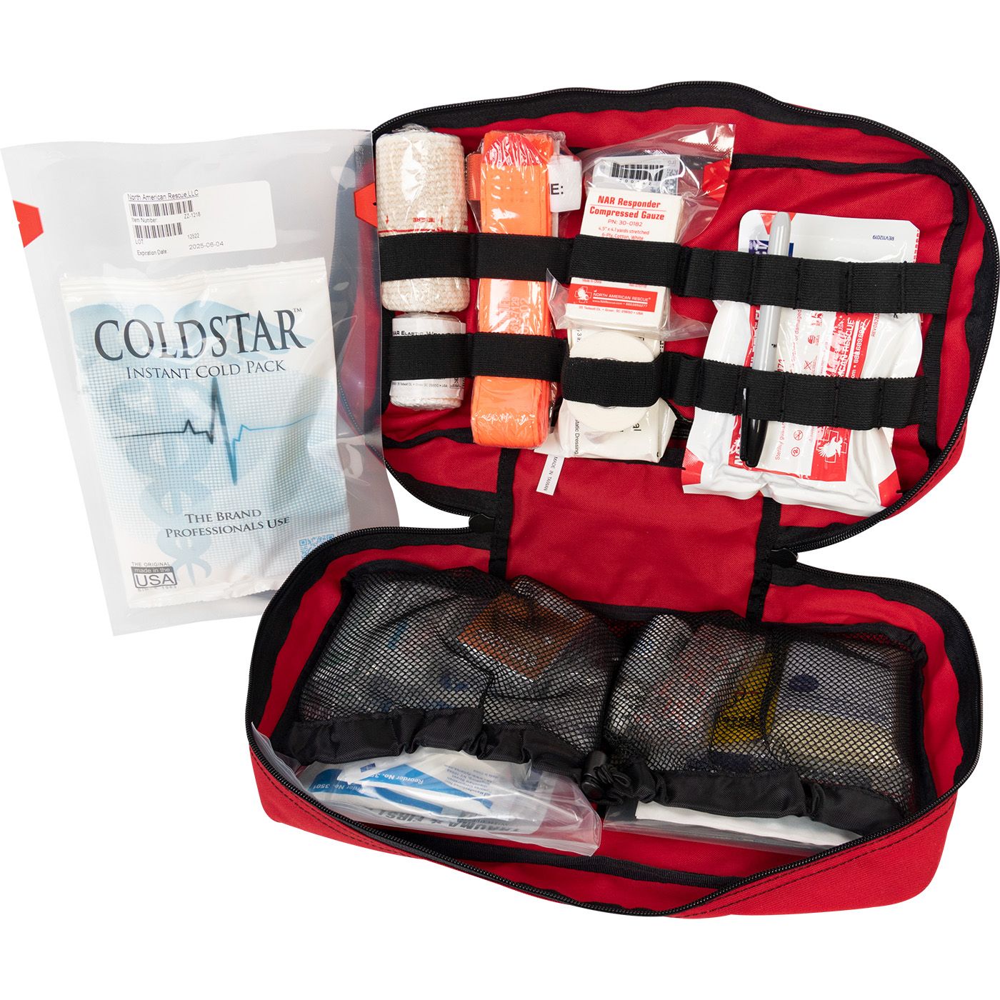 Open North American Rescue Trauma and First Aid Kit Class A showing orange C-A-T tourniquet, compressed gauze, elastic wraps, trauma dressing, gloves, cold pack, and organized first aid supplies inside a red zippered carry case.