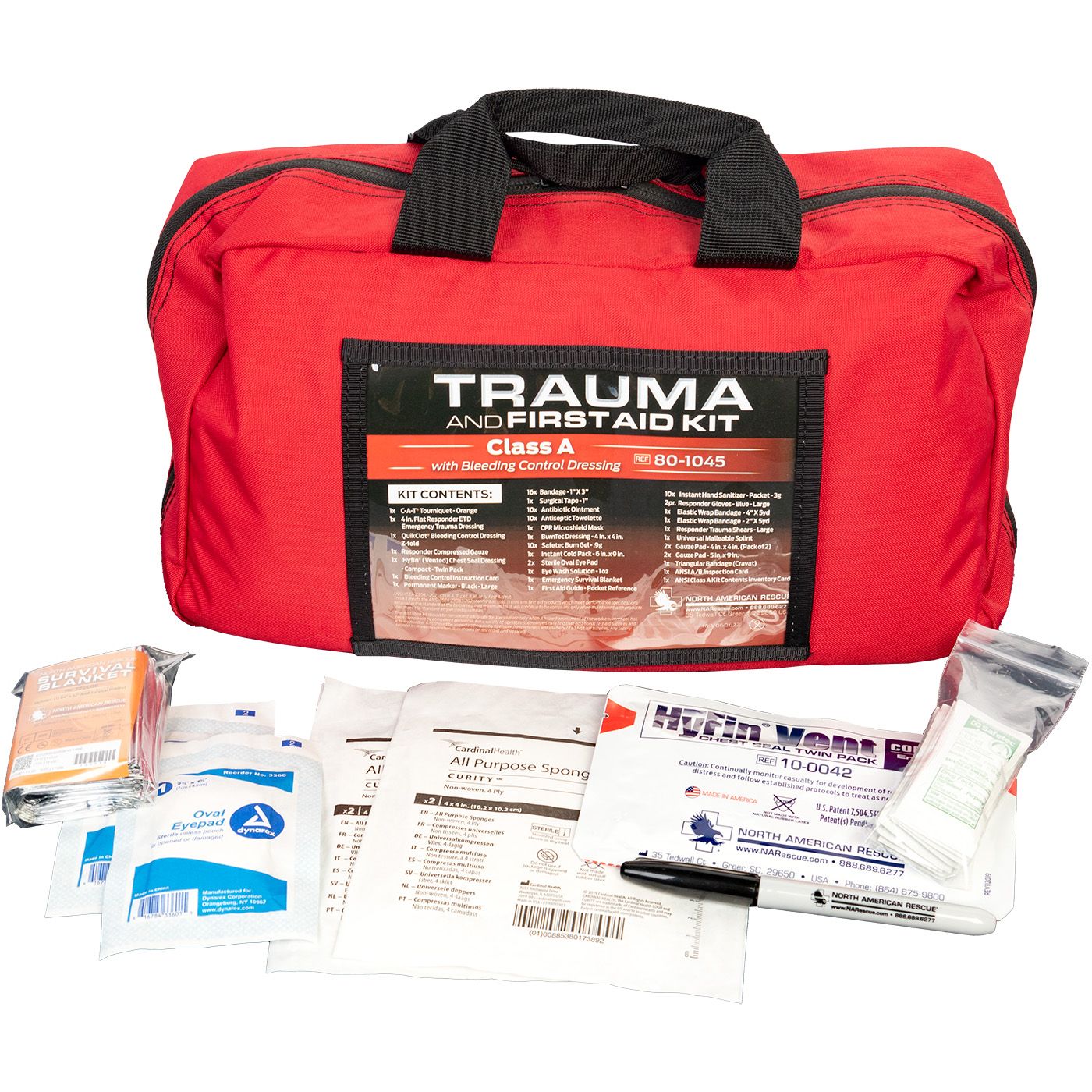 North American Rescue Trauma and First Aid Kit Class A with bleeding control dressing in a red carry bag, shown with HyFin Vent chest seals, sterile eye pads, survival blanket, permanent marker, and first aid supplies laid out in front.